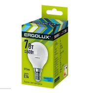 Лампа светодиодная «Ergolux» LED G45  7W, 60Вт (Е14) 4500К «шар» (1/10/100шт)/12144/874516