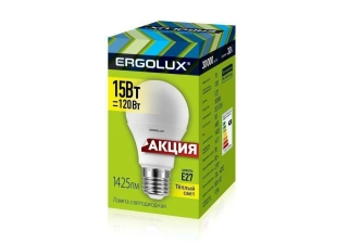 Лампа светодиодная «Ergolux» LED А60  15W, 120Вт (Е27) 3000К «ЛОН» (1/100шт)/14308/891452