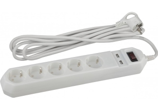Сетевой фильтр 5гн+2USB с З/К 1,5м с выкл белый 10А ПВС 3x0,75 USF-5es-1.5m-USB-W ЭРА