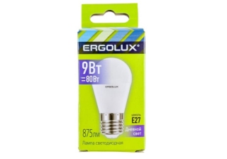 Лампа светодиодная «Ergolux» LED G45  9W, 80Вт (Е27) 6500К «шар» (1/10/100шт)/13178/882009