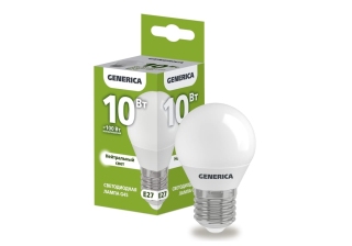 Лампа св/д IEK G45 шар 10Вт Е27 4000К 1000Лм матовая GENERICA