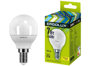 Лампа светодиодная «Ergolux» LED G45  7W, 60Вт (Е14) 3000К «шар» (1/10/100шт)/12142/874493