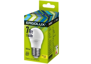 Лампа светодиодная «Ergolux» LED G45  7W, 60Вт (Е27) 3000К «шар» (1/10/100шт)/12143/874509