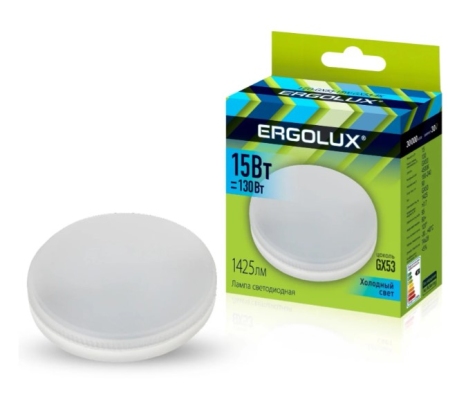 Лампа светодиодная «Ergolux» LED GX53 15W, 130Вт (GX53) 4500К  (1/10/100шт)/14239/890677 фото 1