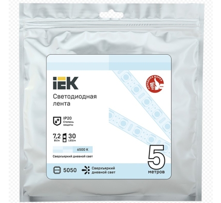 Лента светодиод LSR-5050 7,2Вт 30Led 6500К 12В бел IP20 5м IEK фото 1