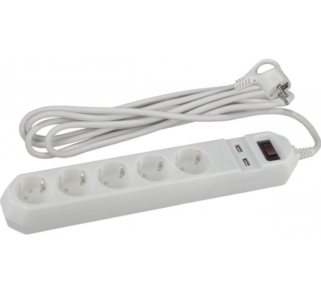 Сетевой фильтр 5гн+2USB с З/К 1,5м с выкл белый 10А ПВС 3x0,75 USF-5es-1.5m-USB-W ЭРА фото 1