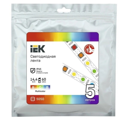 Лента светодиод LSR-5050 14,4Вт 60Led RGB 12В мультиколор IP65 5м IEK фото 1