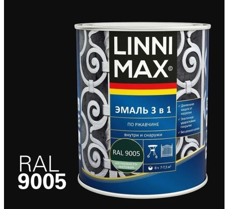 Грунт-эмаль по ржавчине 3 в 1 LINNIMAX RAL 9005 черная 0.75л. фото 1