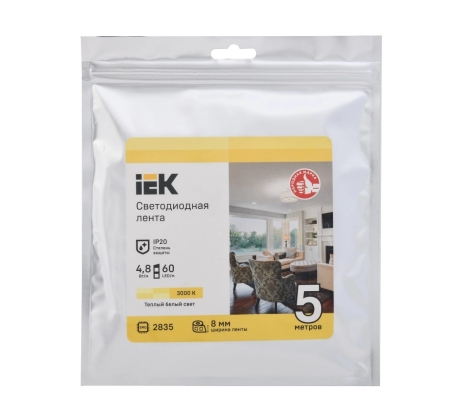 Лента светодиод LSR-2835 4,8Вт 60Led 3000К 12В бел IP20 5м IEK фото 1