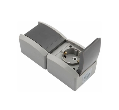 Розетка 2гн с 3/К с крыш. шторки о/у INDUSTRIAL IP54 серый KRANZ KR-78-0615 фото 1