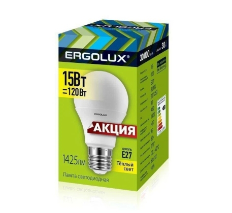 Лампа светодиодная «Ergolux» LED А60  15W, 120Вт (Е27) 3000К «ЛОН» (1/100шт)/14308/891452 фото 1