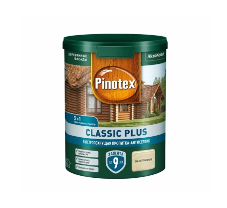 Быстросохнущая пропитка-антисептик 3 в 1 Pinotex Classic Plus для древесины ель натуральная 0,9л !!! фото 1
