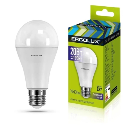 Лампа светодиодная «Ergolux» LED А65  20W, 190Вт (Е27) 6500К (10/10/100шт)/13184/882092 фото 1
