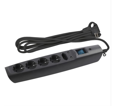 Сетевой фильтр 5гн+2USB с З/К 2м с выкл черный 10А ПВС 3х0,75 SFU-5es-2m-B ЭРА фото 1