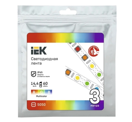Лента светодиод LSR-5050 14,4Вт 60Led RGB 12В мультиколор IP65 3м IEK фото 1