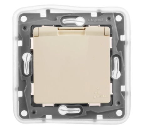 Розетка Etika Legrand 1гн с 3/К с крыш. шторки с/у крем механизм IP44 672332 фото 1