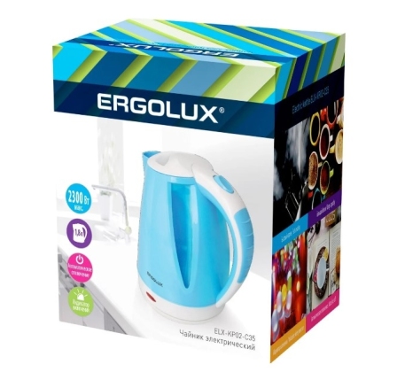 Чайник «Ergolux» ELX-КР02-С35, голубой/белый, объем 1.8л, мощность 1500-2300ВТ /13118/881569 фото 1