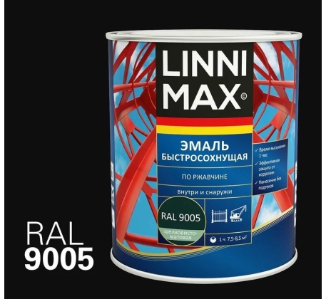 Грунт-эмаль быстросохнущая по ржавчине LINNIMAX RAL 9005 черный шелковисто-матовый 0.75л. фото 1