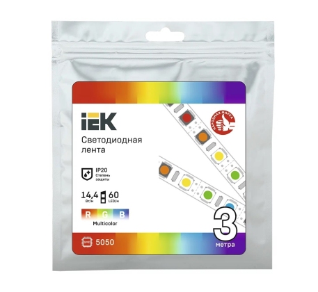 Лента светодиод LSR-5050 14,4Вт 60Led RGB 12В мультиколор IP20 3м IEK фото 1