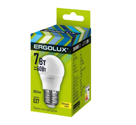 Лампа светодиодная «Ergolux» LED G45  7W, 60Вт (Е27) 3000К «шар» (1/10/100шт)/12143/874509 фото 1