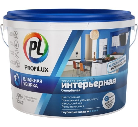 Краска ВД Profilux PL-10L латекс. интерьерная влагостойкая (голубая эт.) бел. ( 7кг) фото 1