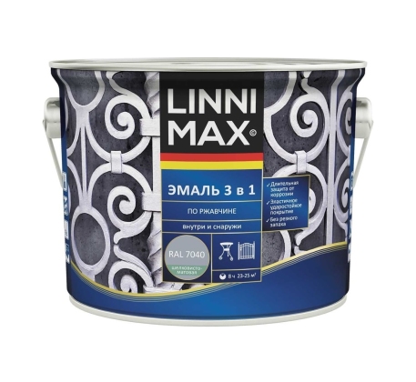 Грунт-эмаль по ржавчине 3 в 1 LINNIMAX RAL 7040 серая 2.5л. фото 1