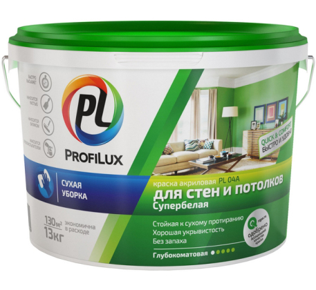 Краска ВД Profilux PL-04А акриловая для стен и потолков (зелёная эт.) бел. ( 1,4кг) фото 1