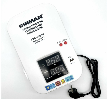 Стабилизатор FIRMAN FVR-1000W(однофаз, релейн, настен, цифр. дисплей, 1000Вт, 100-260В, USB, 3.2кг) фото 1