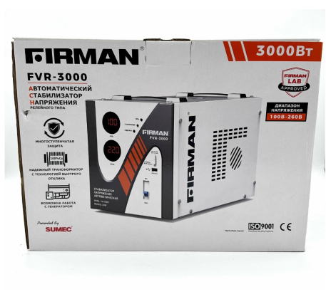 Стабилизатор FIRMAN FVR-3000 (однофаз, релейн, напольн, цифр. дисплей, 3000Вт, 100-260В, USB, 12кг) фото 1